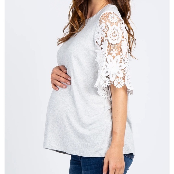 Maternity Crochet Lace Blouse or Women’s Eyelet Oversized Short Sleeve Shirt - Picture 1 of 10